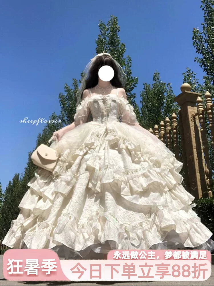 Flora Muse sweet lolita bridal ballgown in champagne, featuring off-shoulder neckline, jeweled bust bow, and layered tulle skirt