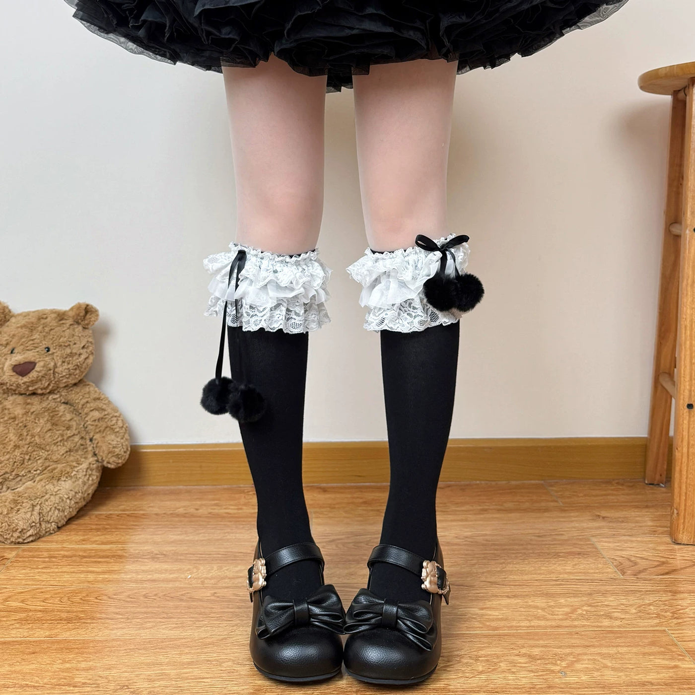 Chubby Bear Tales - Showa Doll - Lolita Socks with Layered Lace Ruffles and Bows