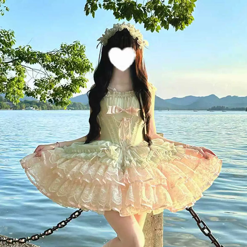 Zhijinyuan Guava Bebe Ribbon JSK — Green JSK styled on a model