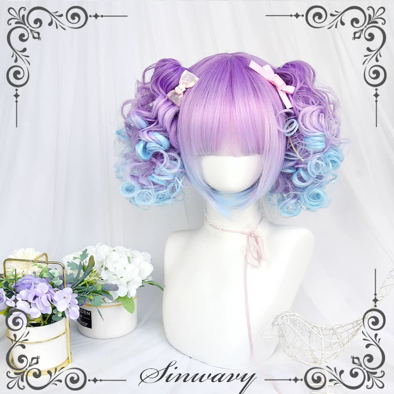 Blue-purple gradient bob hairpiece with twin ponytails - view 4