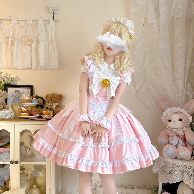 Lady Han Sweet Chef Maid JSK dress by Lolita Fetch, featuring a cute pink and white maid-inspired design with ruffles and bow accents.