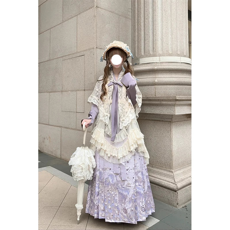 Creamy - Purple Cross-Collar - Hanfu-Inspired Lolita Set with Mamian Skirt and Beige Layers
