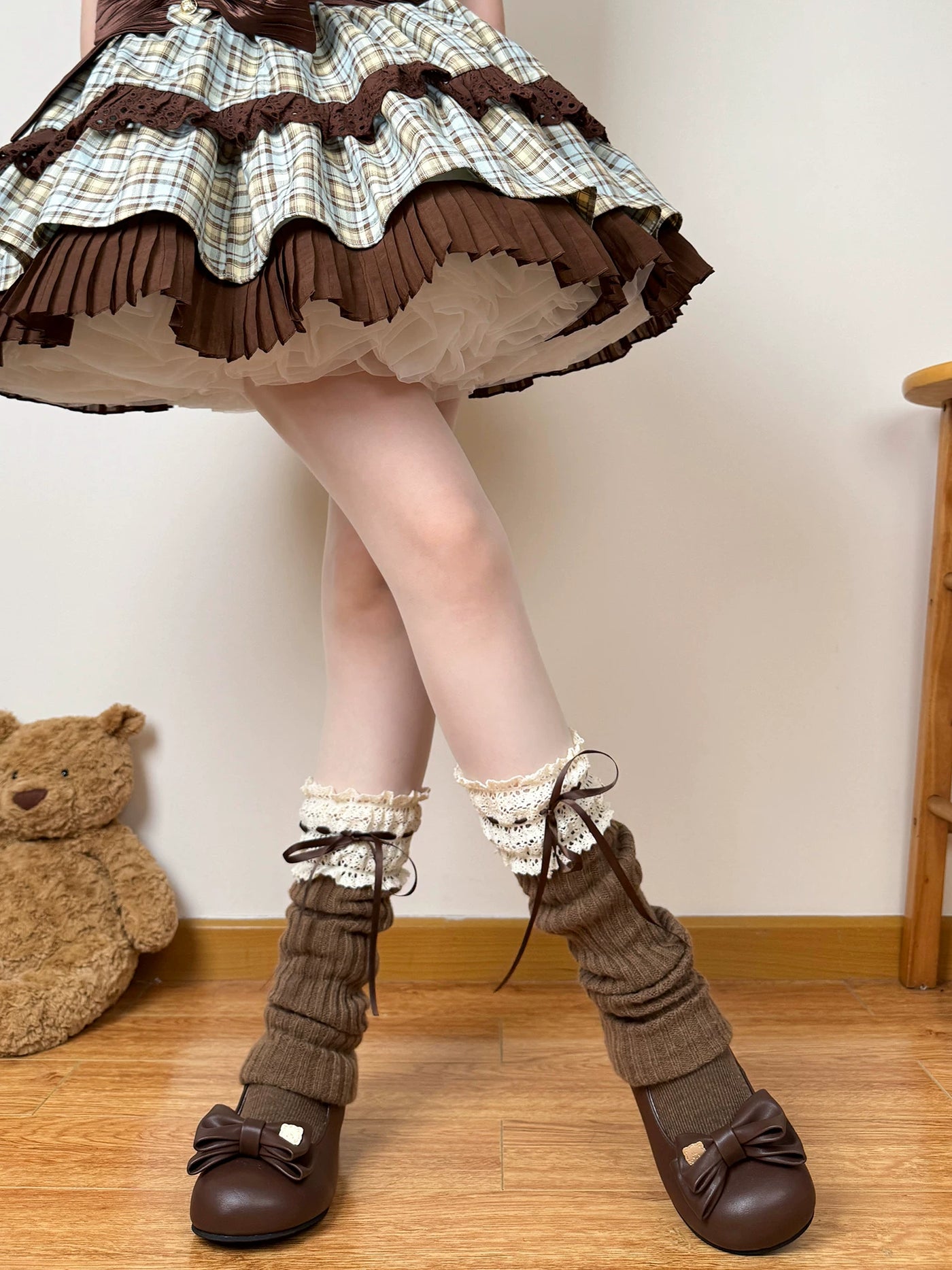 Chubby Bear Tales - Ribboned Coffee - Scrunched Sock Covers with Lace Cuffs