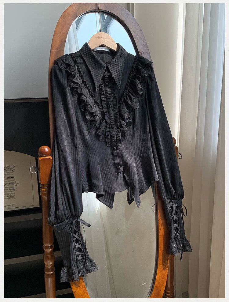 With PUJI - Charlotte - Elegant Lolita Blouse Summer Shirt with Lantern Sleeves Black Blouse Only (L - pre order) S