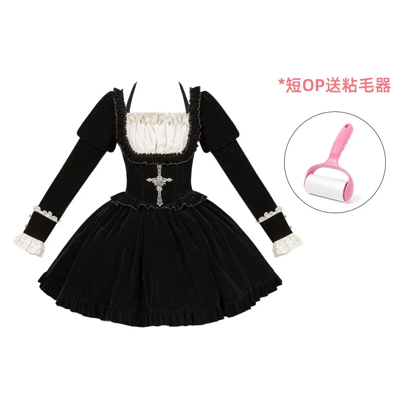 With PUJI - Apocalypse - Gothic Lolita Velvet OP Dress Set, Fishbone Waist detail view 8