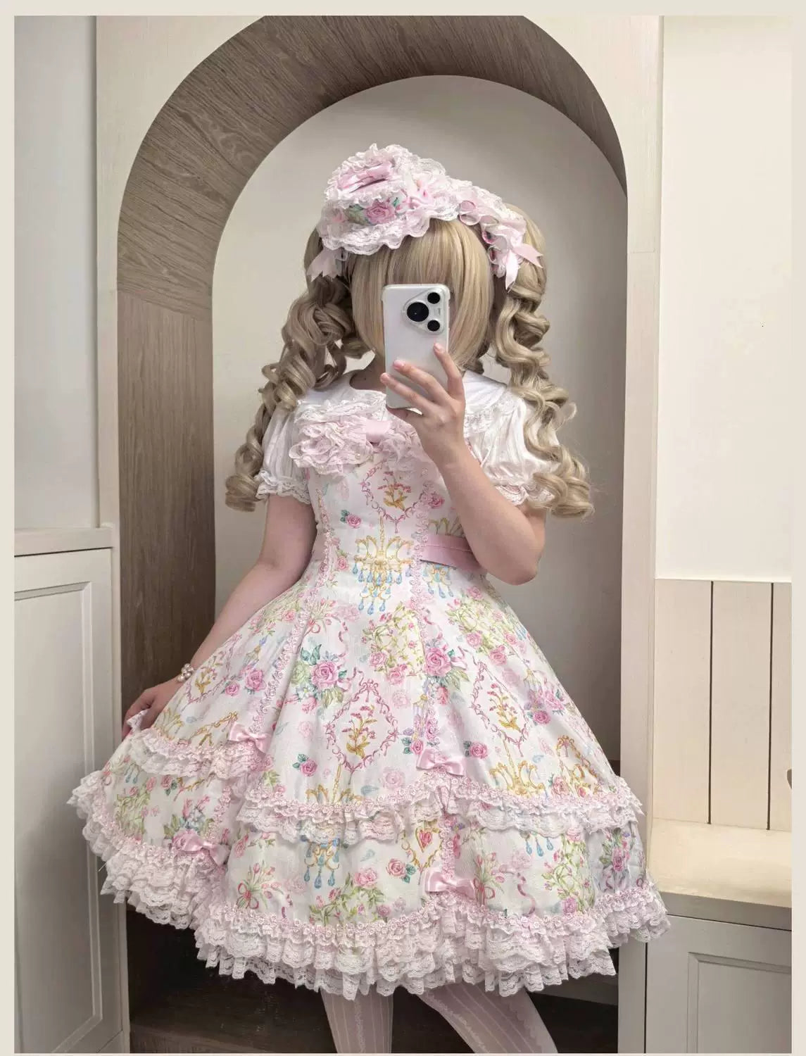 Sweetheart Dream Machine - Vintage Floral Wall - Ruffle-Trimmed Blouse with Doll Collar