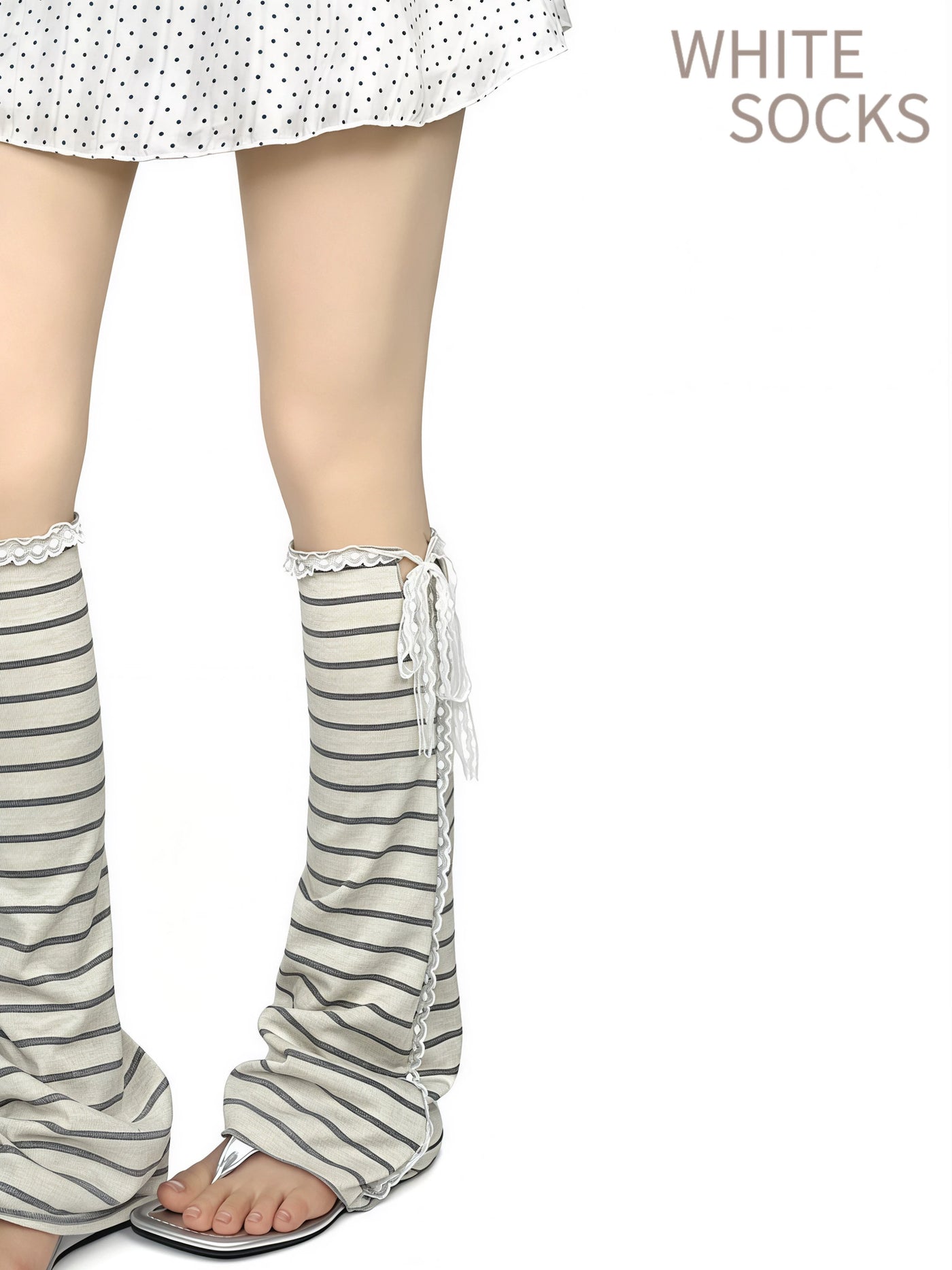 White Socks - Retro Stripe - Striped Lace-Tie Leg Warmers