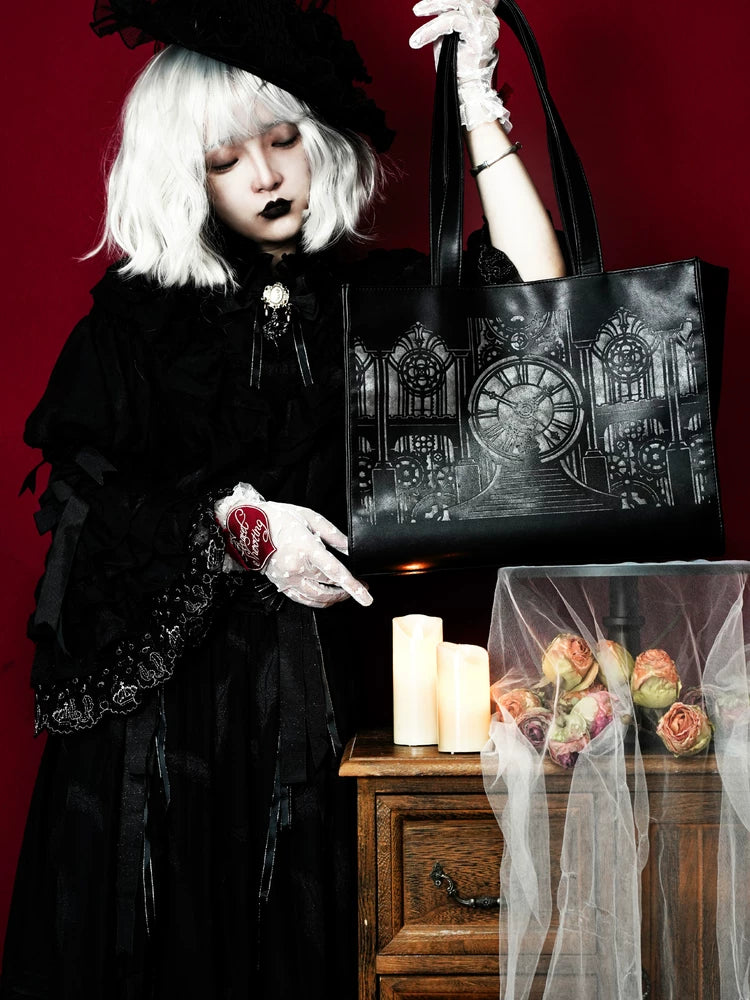 Vera s Mimosa - Clock Tower Witch - Gothic Tote Bag with Silver Clock-Tower Graphic