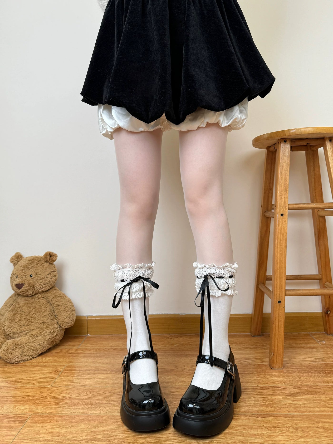 Chubby Bear Tales - Cream Ballet - Lace-Trimmed Socks with Ribbon Ties