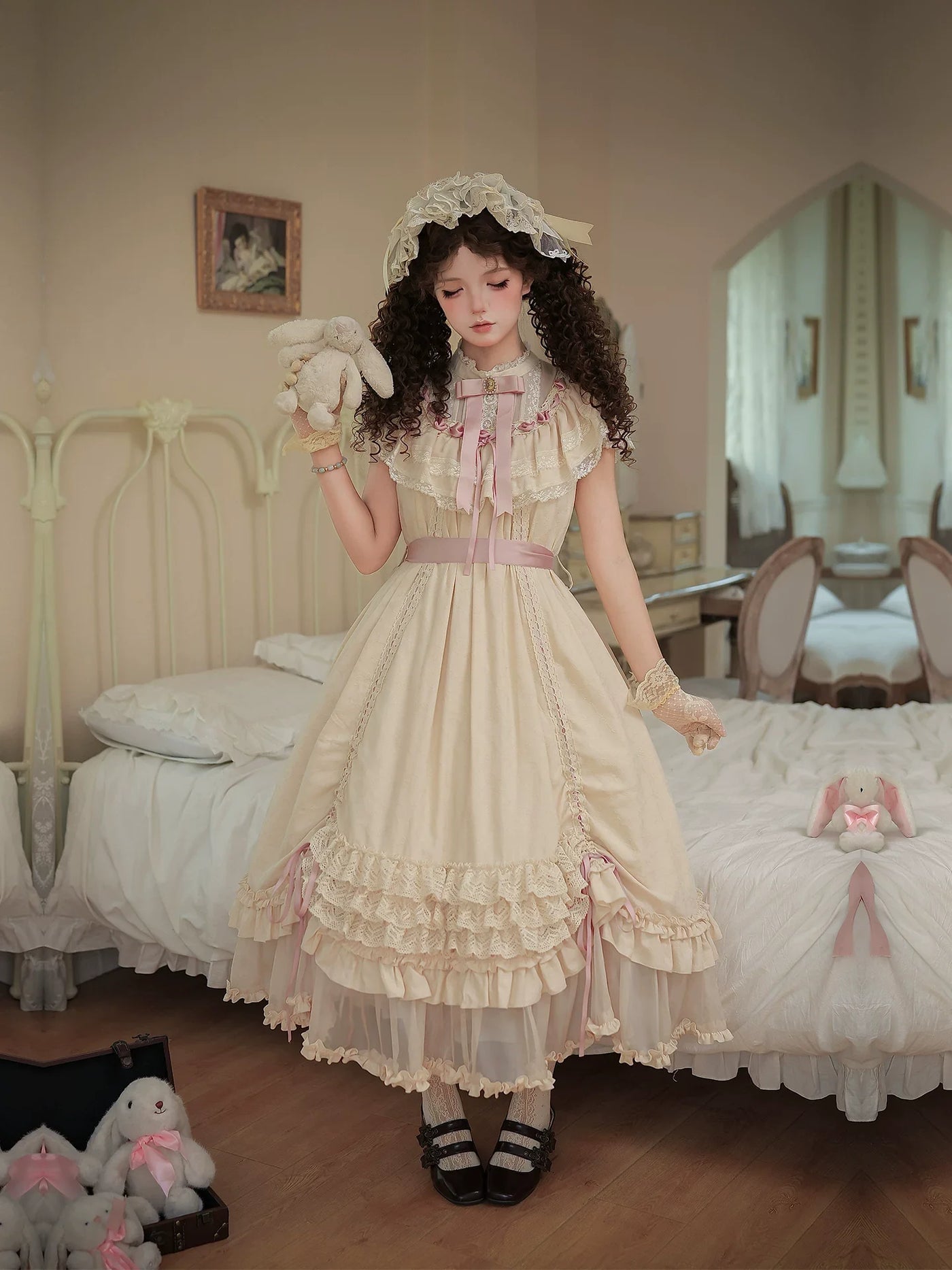 With PUJI - Lily's Dream - Cotton Lining Classic Lolita OP, Drawstring Liftable Hem