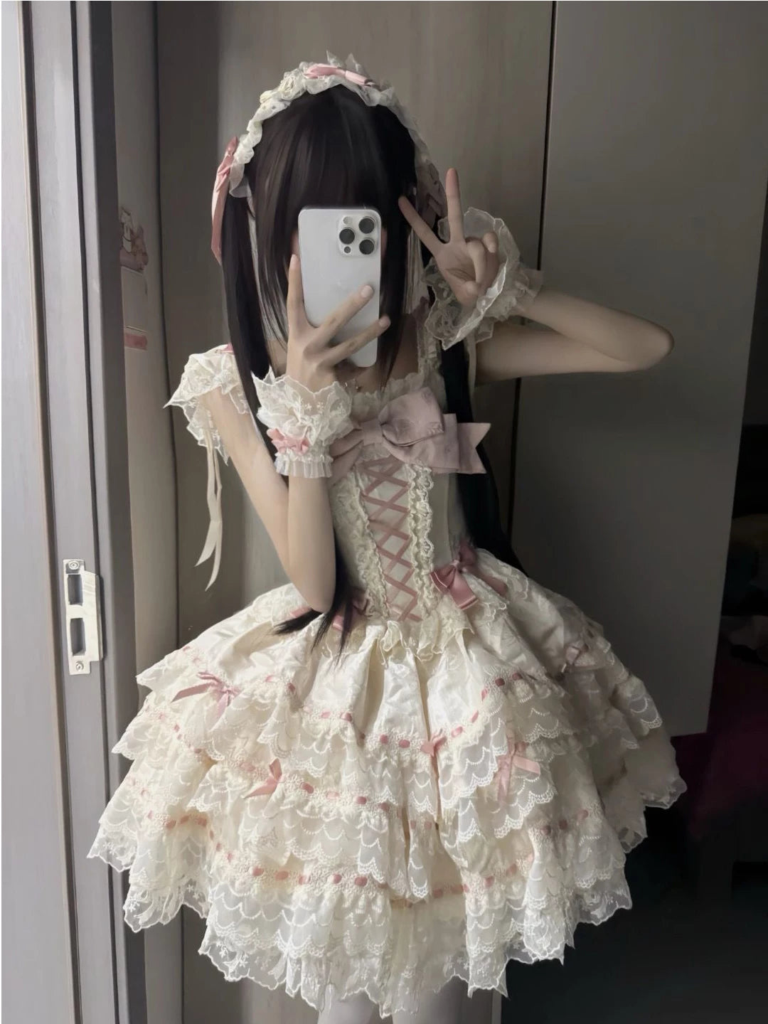 Creamy - Apricot Floral Bride - JSK Dress with Layered Lace and Bows