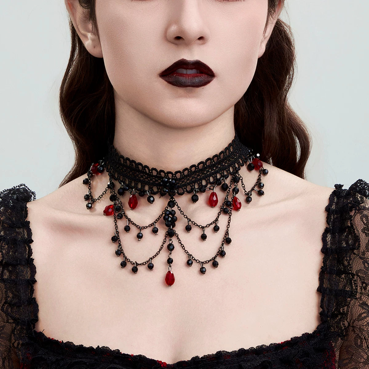 Independent Brand - Crystal Fringe - Black Lace Choker Necklace with Red Crystal Drops