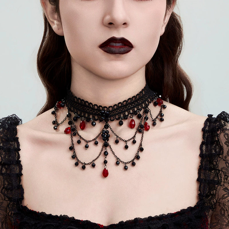 Independent Brand - Crystal Fringe - Black Lace Choker Necklace with Red Crystal Drops