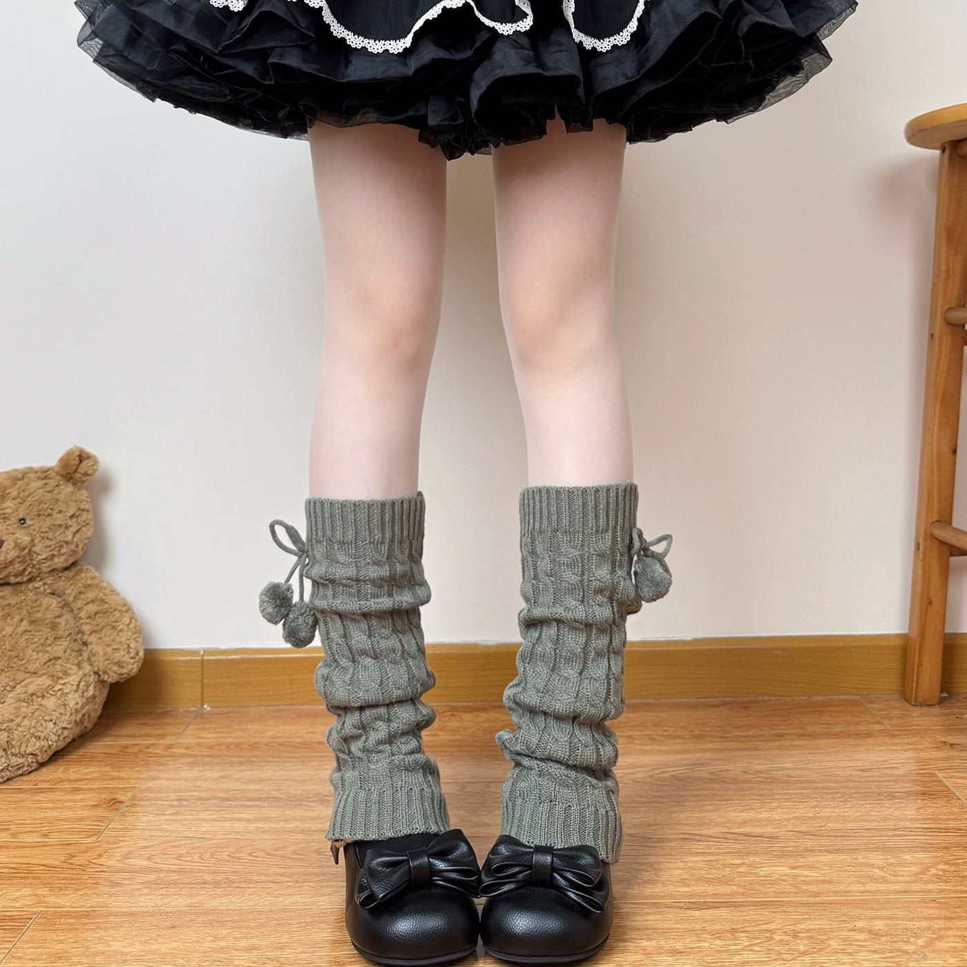 Chubby Bear Tales - Pom-Pom Cable Knit - Cable-Knit Leg Warmers with Pom-Pom Ties