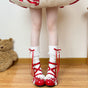 Fold-over white socks with red bow, calf socks, very thin / One Size