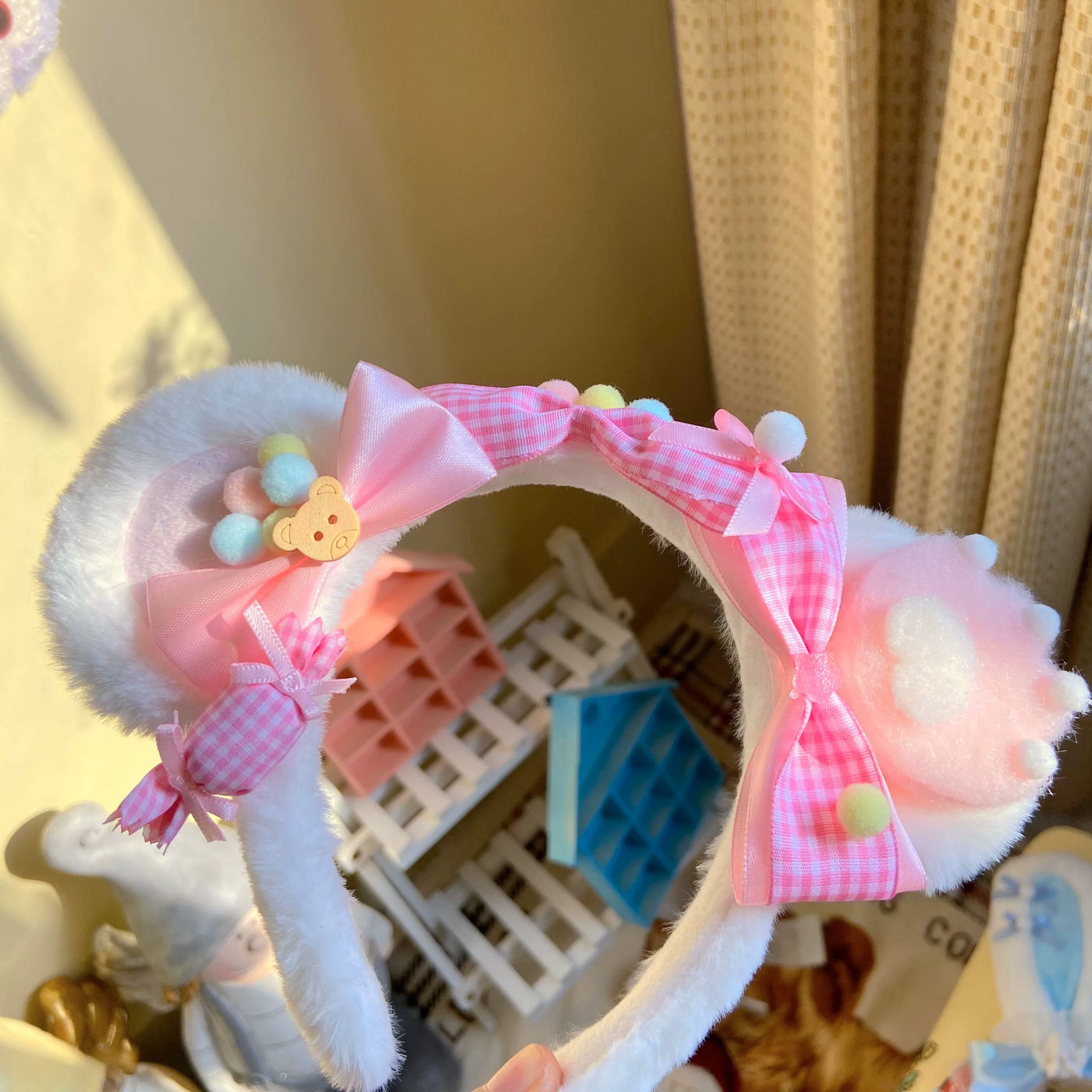 Bear doll - Teddy Bow - Plush Ear Headband with Gingham Bows