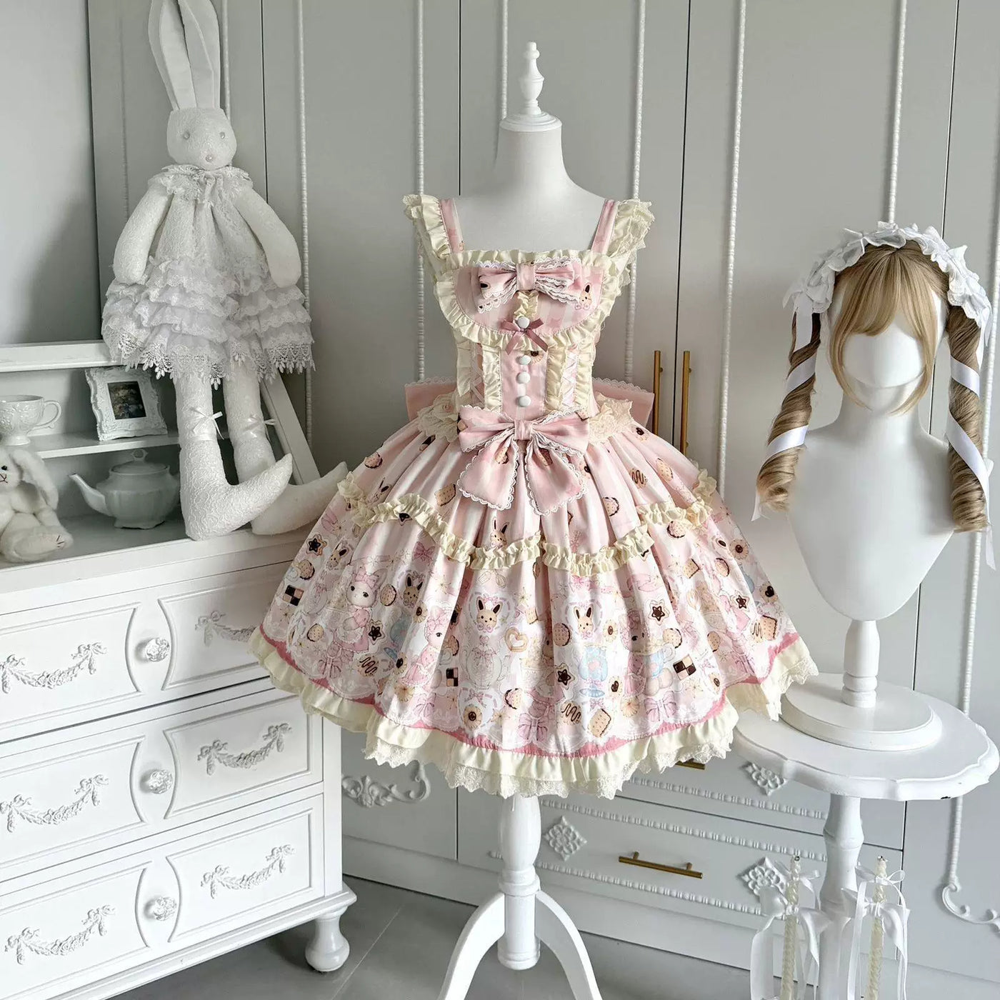 Sweetheart Dream Machine - Rabbit Cake - Milky Pink or Milky Yellow JSK with Rabbit and Cake Motifs