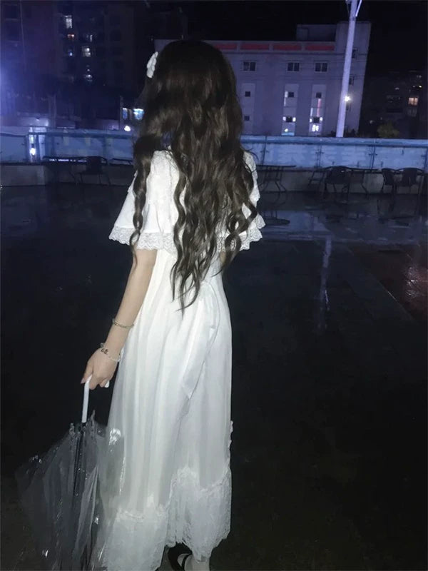 Creamy - White Moonlight - White short-sleeve OP dress with a bow tie