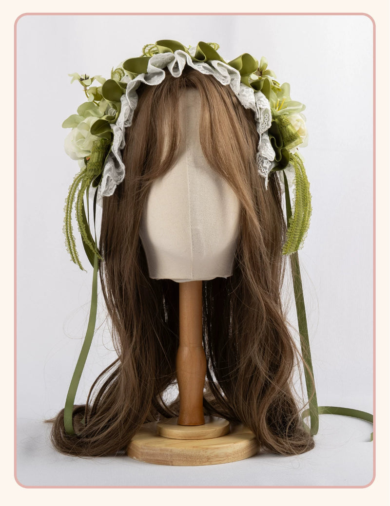 Stardust Rose - Lily of the Valley Woodland - Green Lace Lolita Headwear with Floral Ribbons