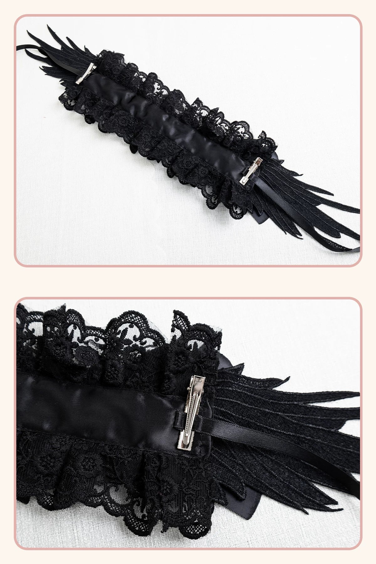 Stardust Rose - A035 Black Lace - Black Lace Headwear and Hand Sleeves with Ribbon Bows