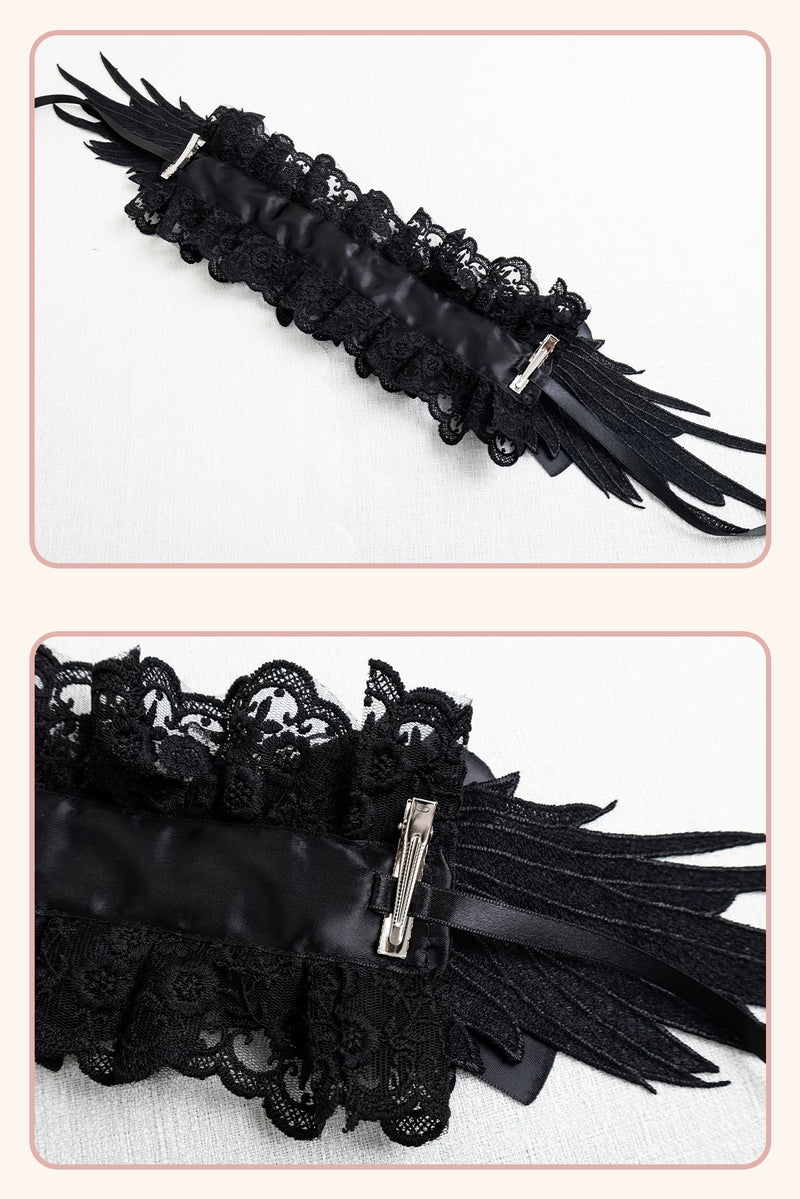 Stardust Rose - A035 Black Lace - Black Lace Headwear and Hand Sleeves with Ribbon Bows