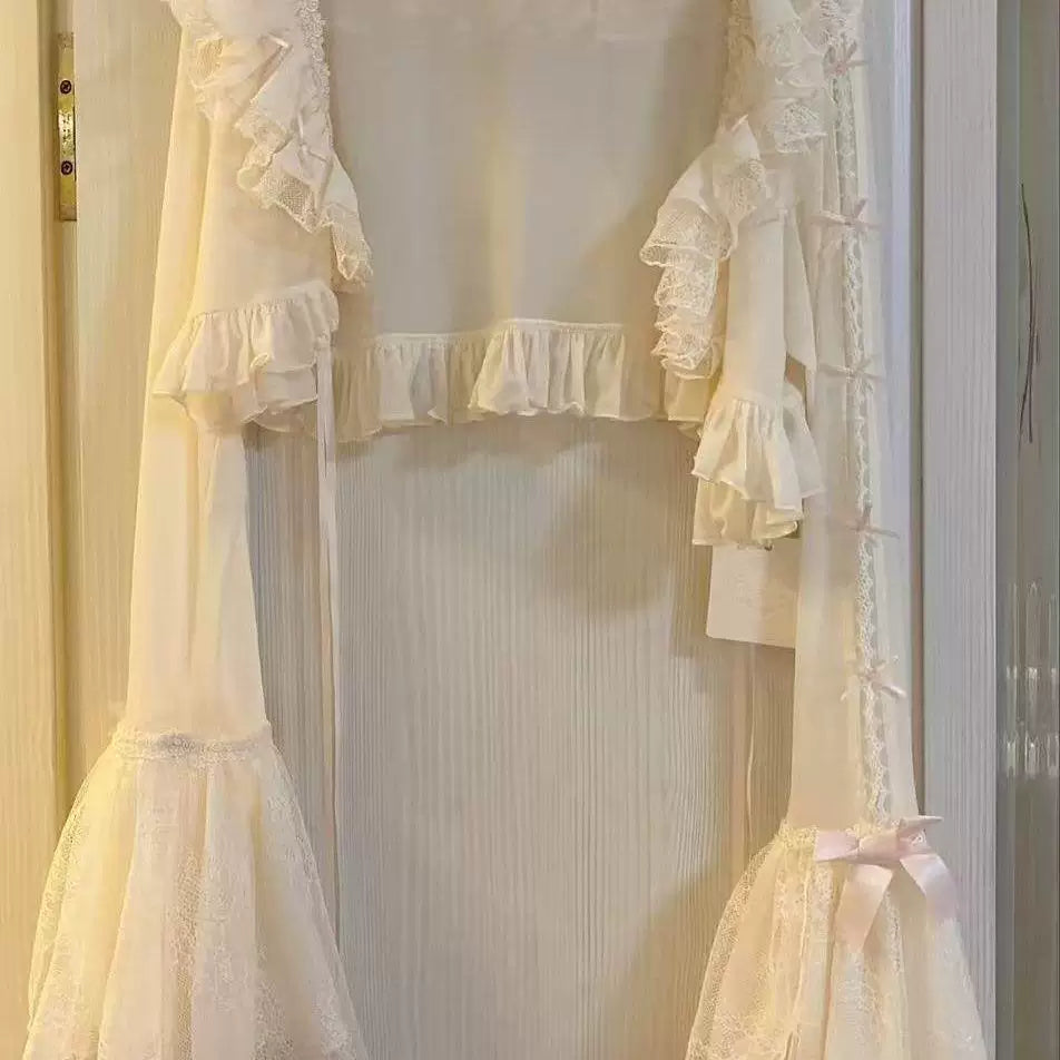 Sweetheart Dream Machine - Apricot Lace Bow - Ruffled Lace Cardigan