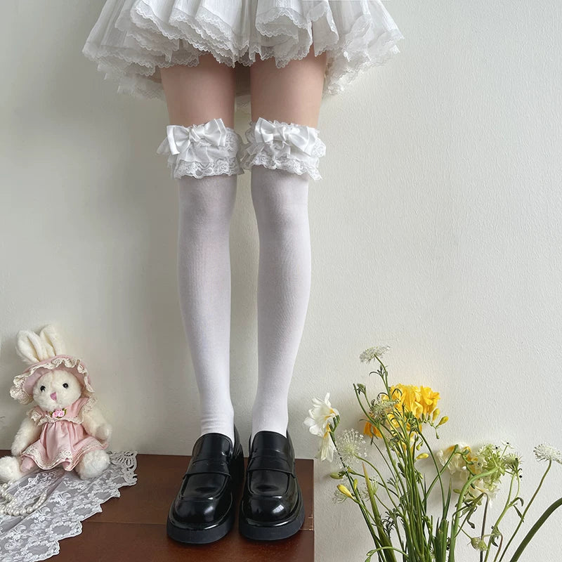 Sock Noble - French Lace Bow - White or Black Lace Socks with Three-Layer Trim
