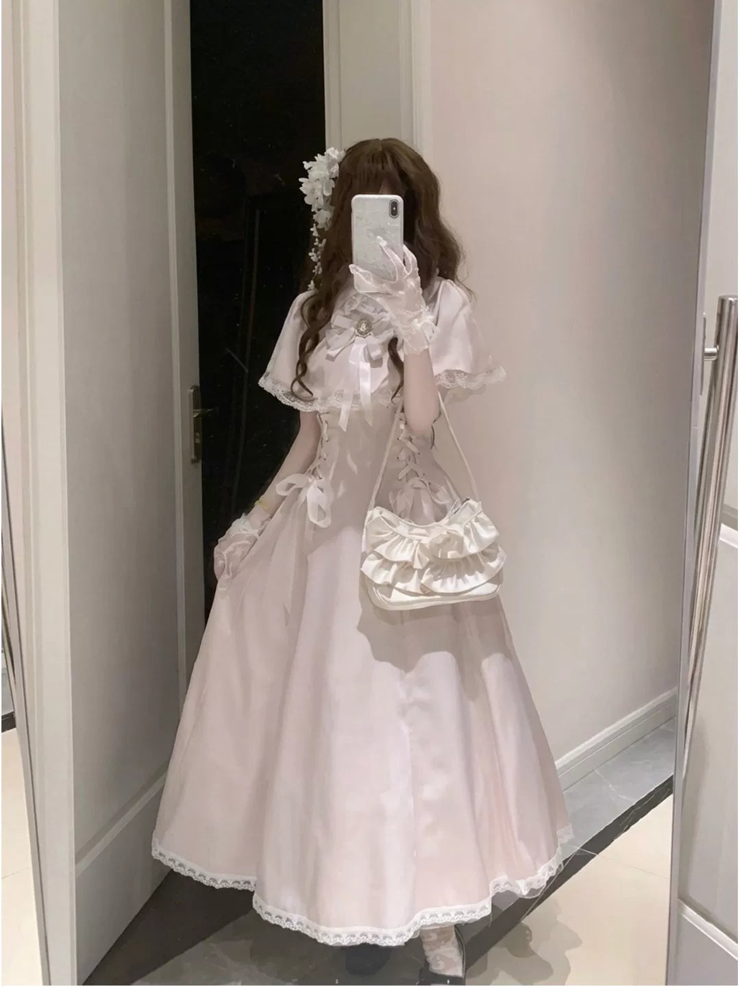 Creamy - Lace Cape Princess - Pink Long One-Piece Dress with Cape Sleeves