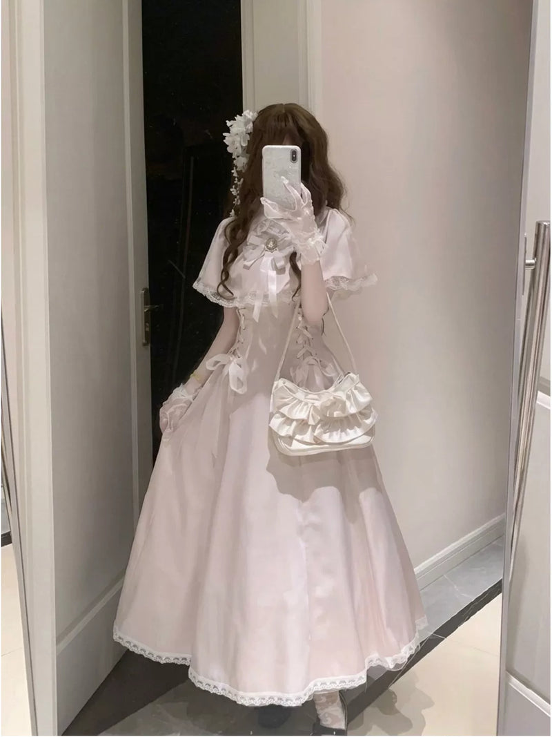 Creamy - Lace Cape Princess - Pink Long One-Piece Dress with Cape Sleeves