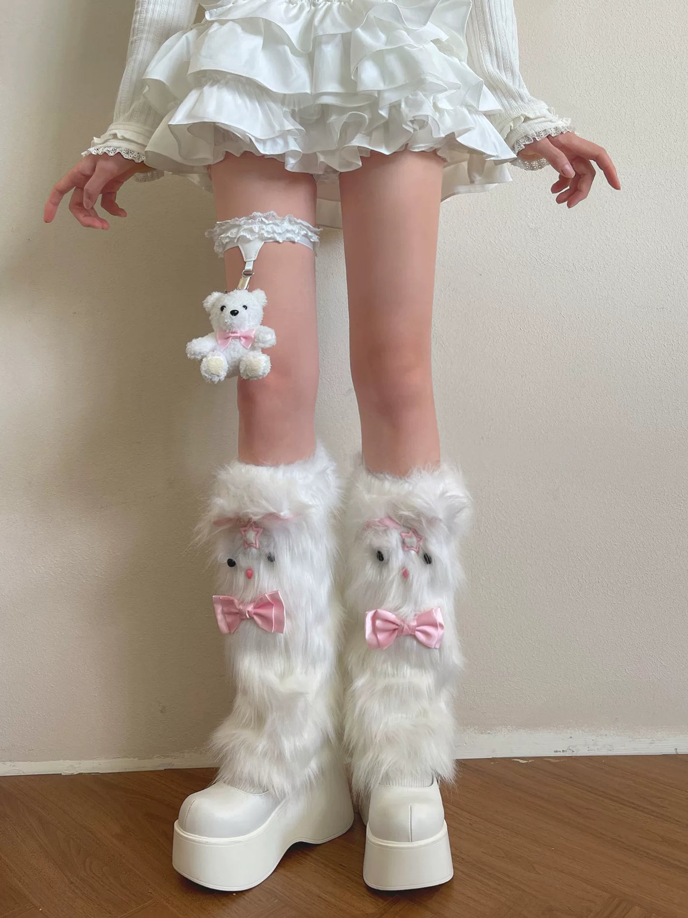 Sock Noble - Winter Strawberry Bear - Furry Sock Covers with Pink Bow Details