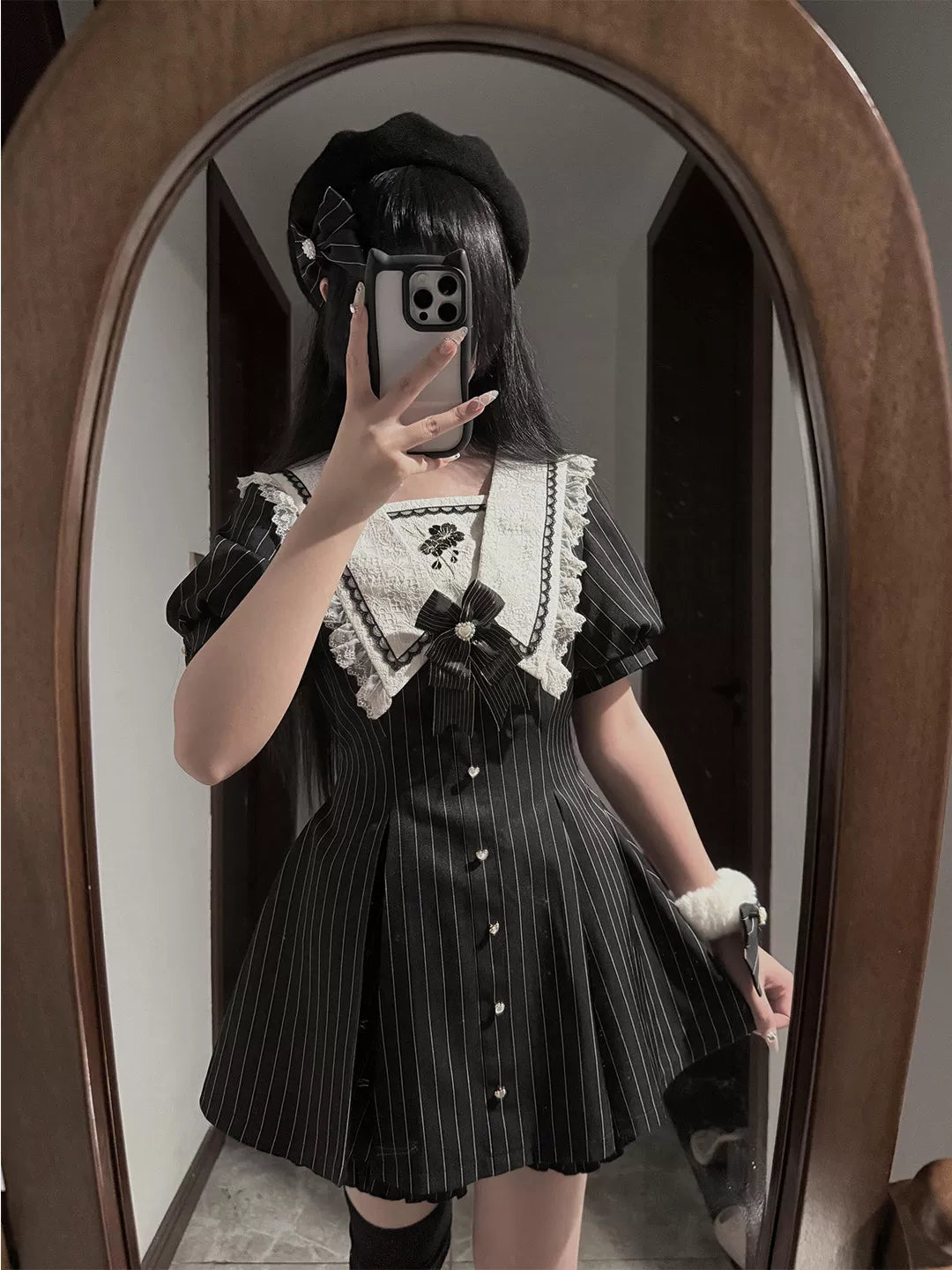 Creamy - Pinstripe Ribbon - Black One-Piece Dress and Shorts Set with White Lace Collar