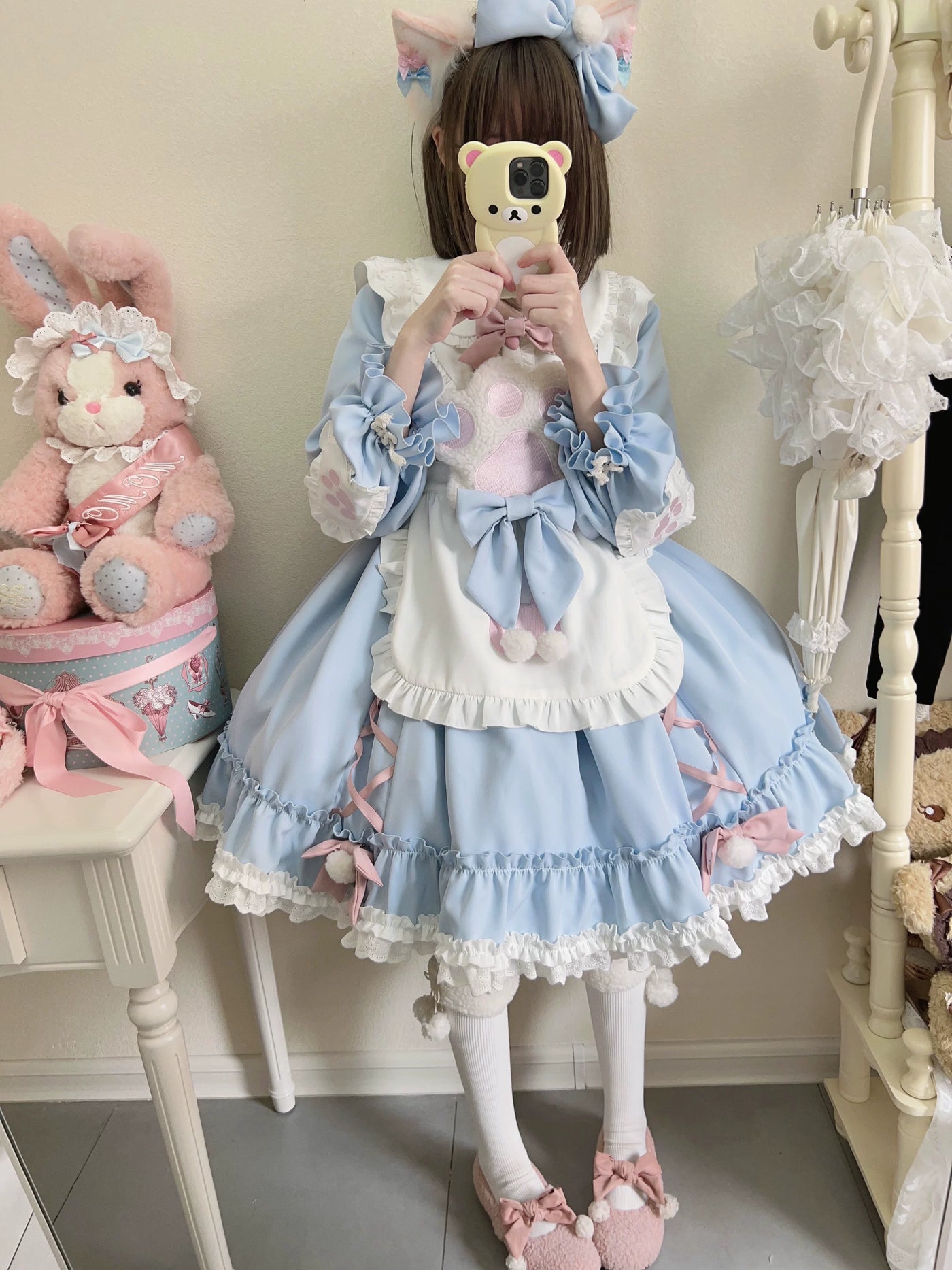 Tata Long Ear - Meow Meow - Blue OP Dress with a Ruffled Apron