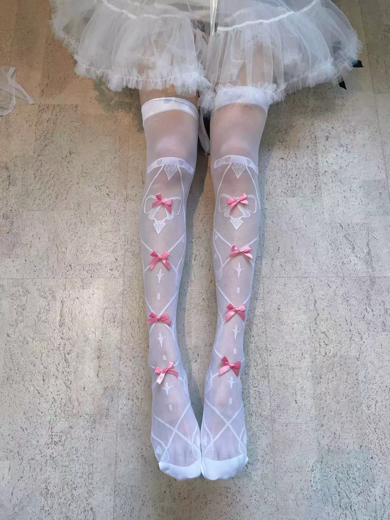 Fantasy Doll - Ribbon Jacquard - Over-the-knee jacquard socks with card-suit motifs