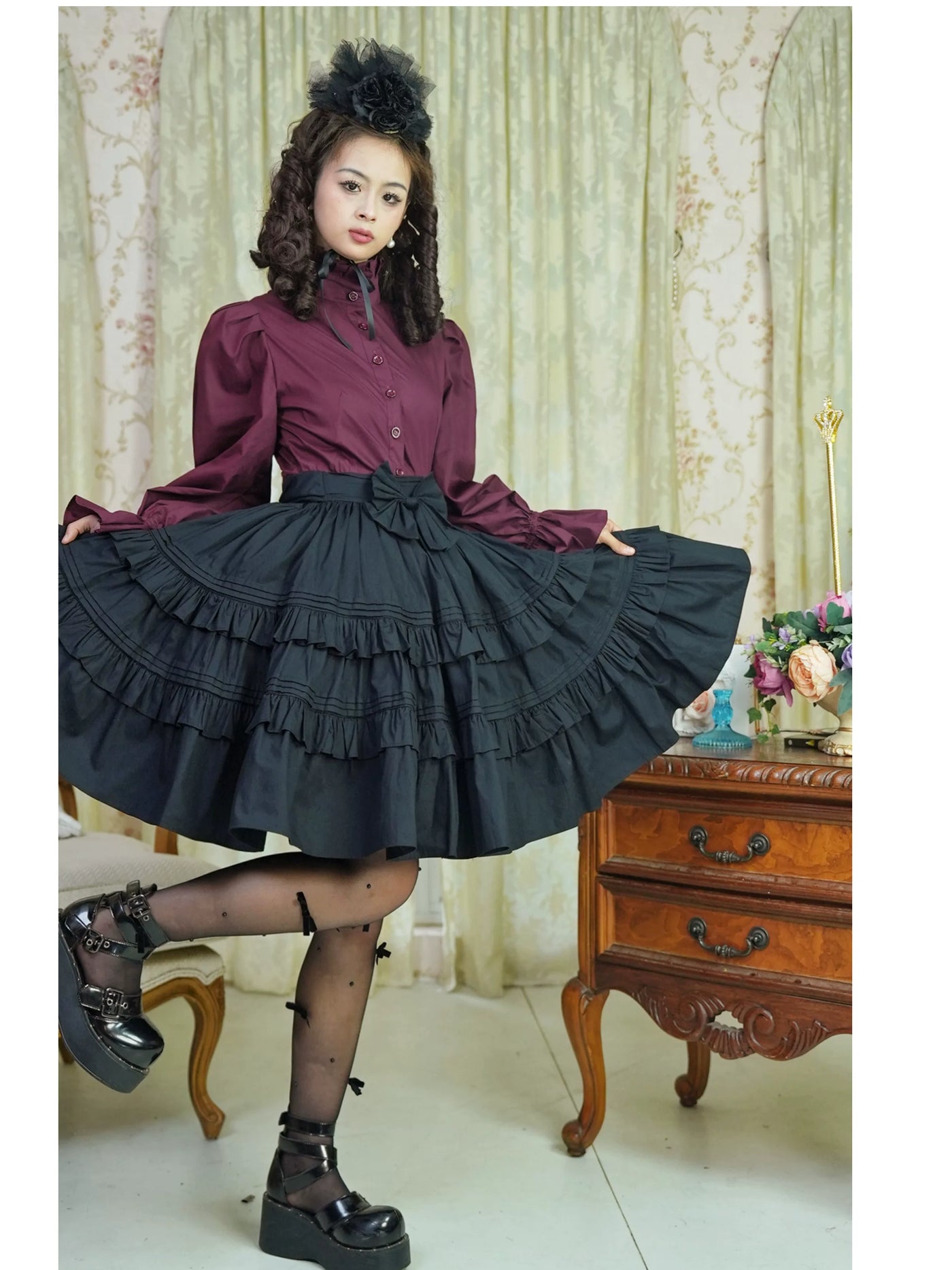 LACE GARDEN - Dark Chamber Rose - 360-Degree Full-Circle Ruffle Skirt