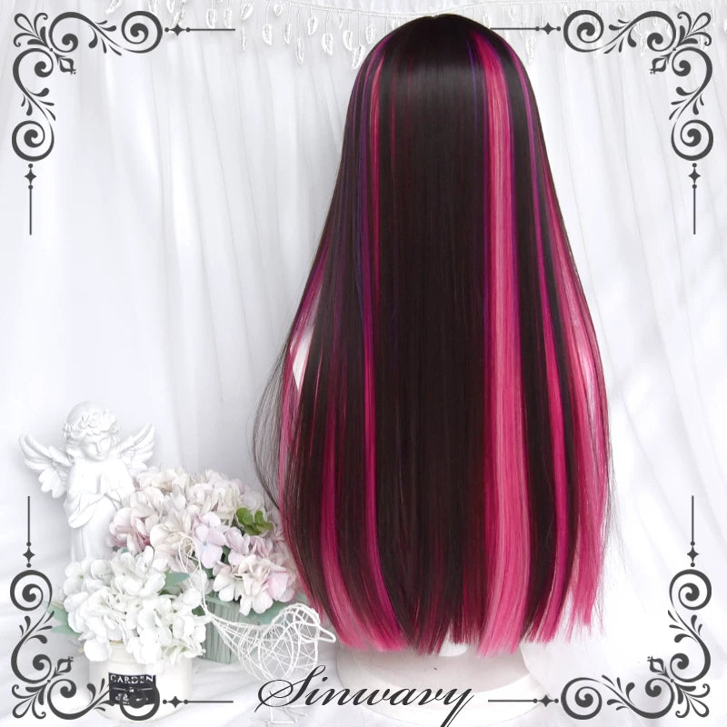 Black-brown hime wig with magenta-purple highlights - view 3