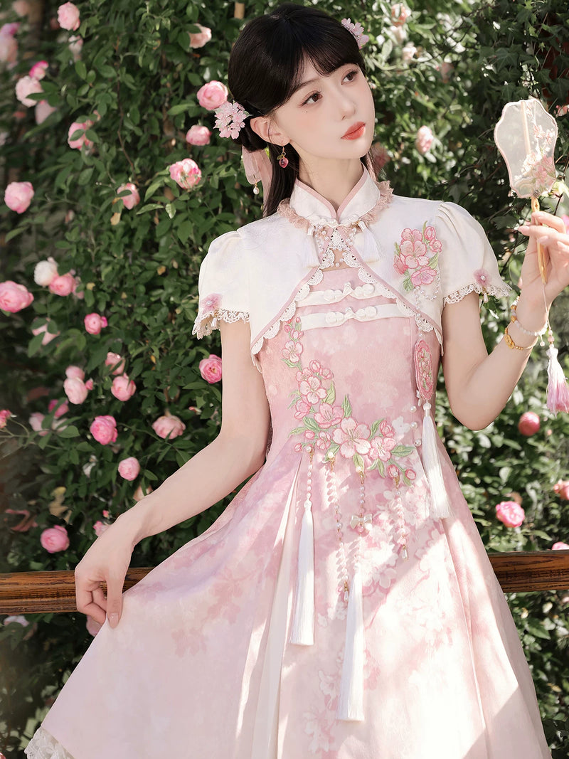 Sweet Promise - New Chinese-Style Blossom - Pink princess dress with floral embroidery and lace-trimmed top