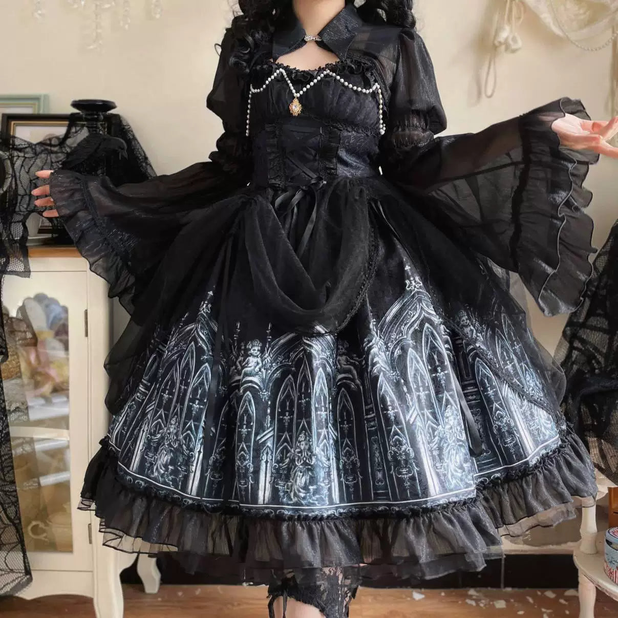 Sweetheart Dream Machine - Silent Night Cathedral - Black JSK Dress with Gothic Cathedral Print