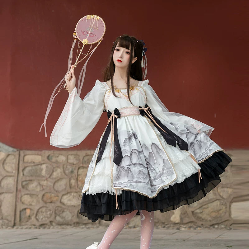 Leopard Cat OP dress by Lolita Fetch featuring long sleeves and Qi style design with leopard and poem print.