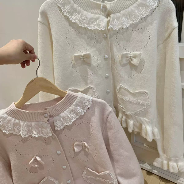 Off-white butterfly knot lace trim cropped lolita cardigan with bow accents and button front
