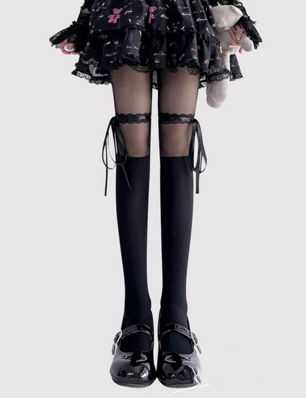 Fantasy Doll - Ribbon Bow - Tights with Upper-Thigh Ribbon Tie Details