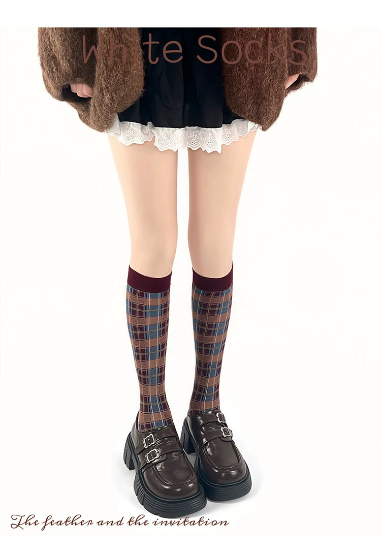 White Socks - Collegiate Plaid - Mid-Calf Socks with Contrast Cuffs