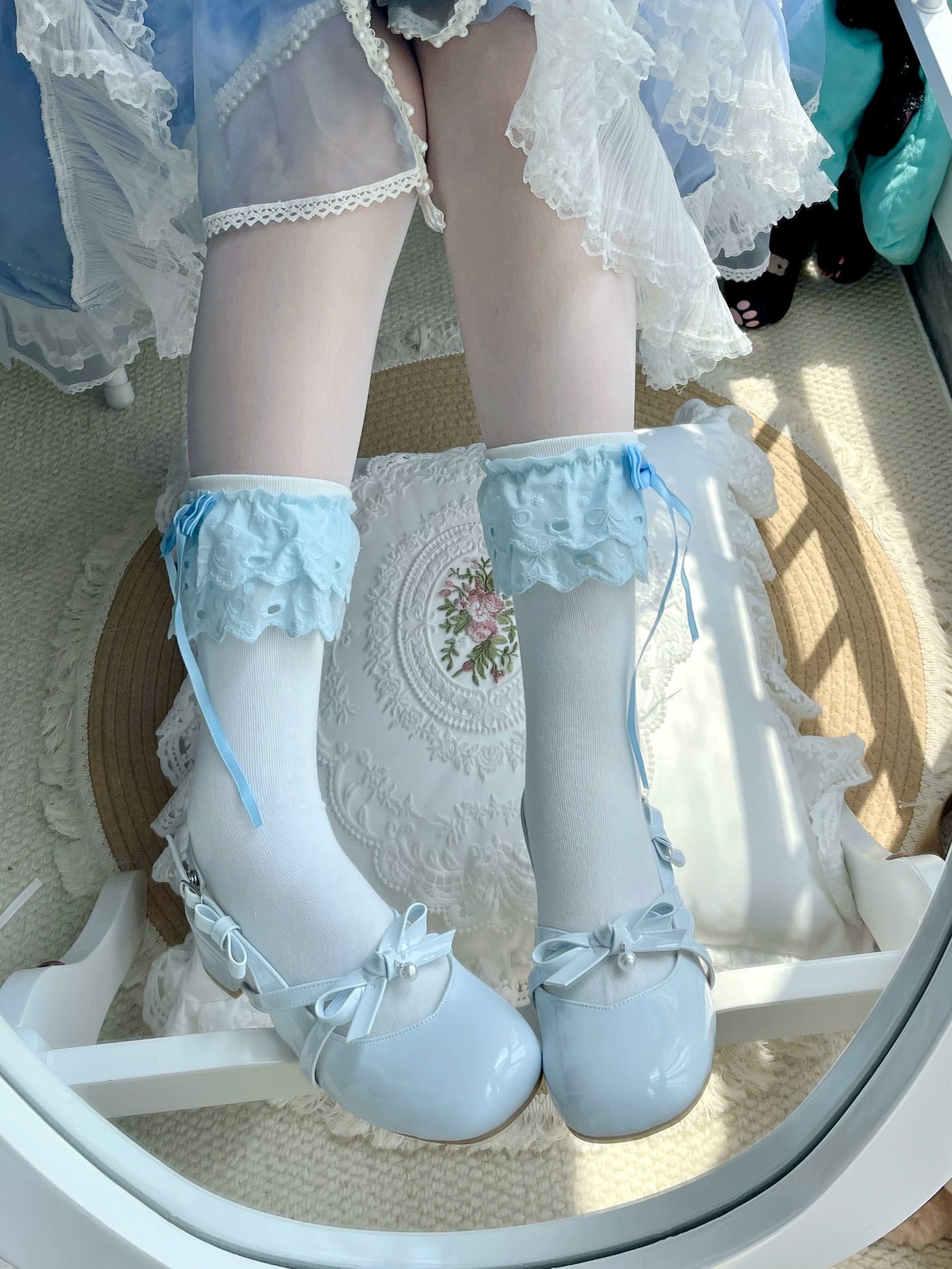 Fantasy Doll - Blue Ribbon - Mid-Calf Socks with Lace Bows