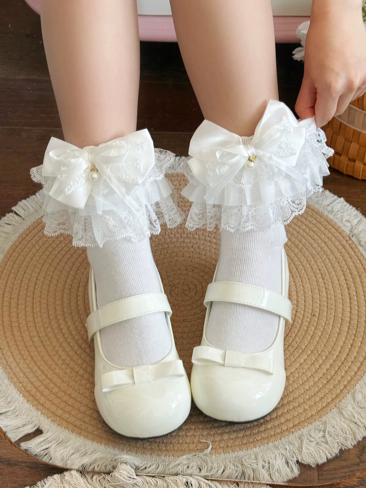 Fantasy Doll - Pearl Bow Lace - Mid-Calf Socks with Lace Ruffles