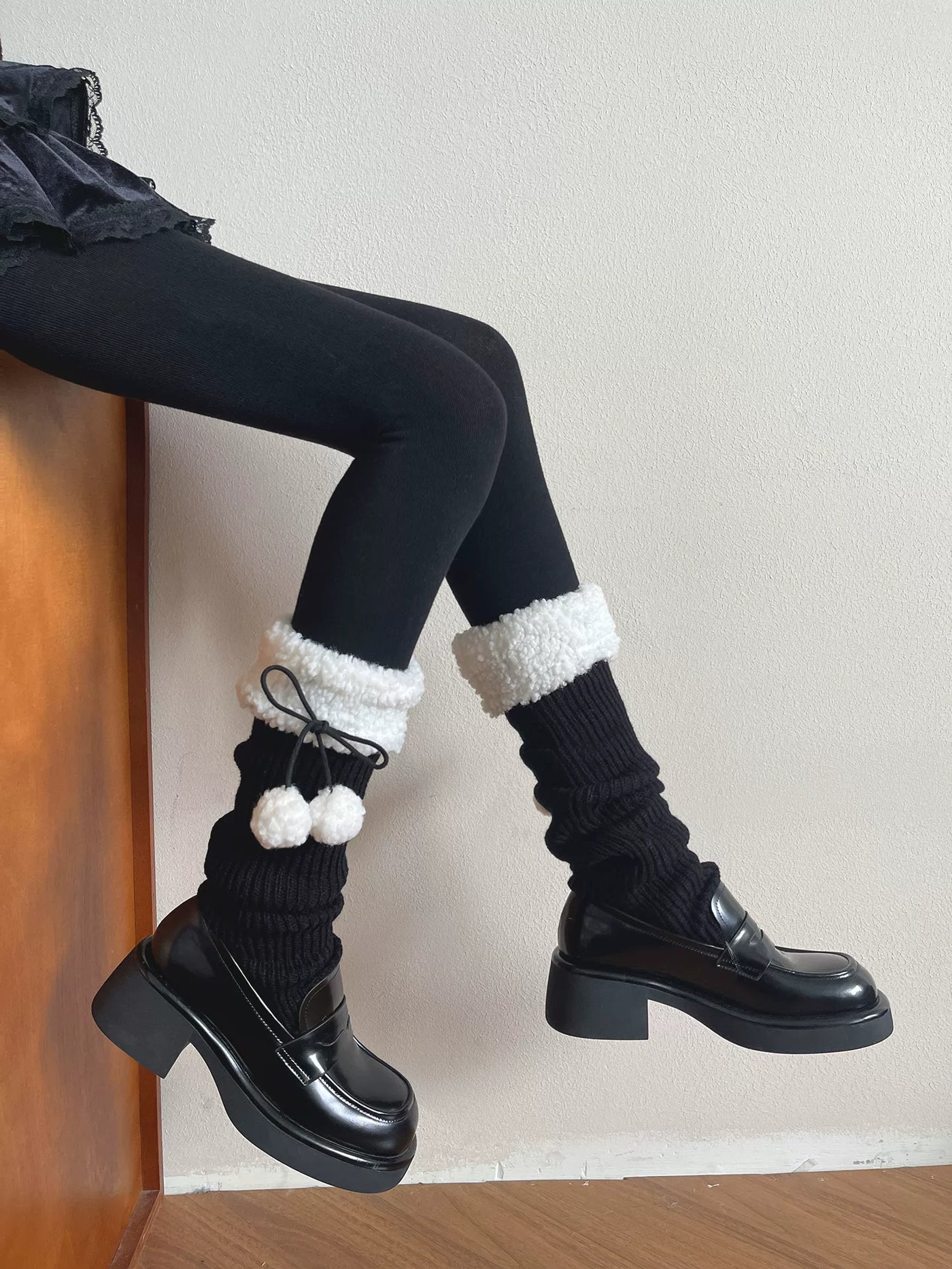 Sock Noble - Winter Pom-Pom - Knit Leg Warmers with Lace and Fluffy Foldover Trim