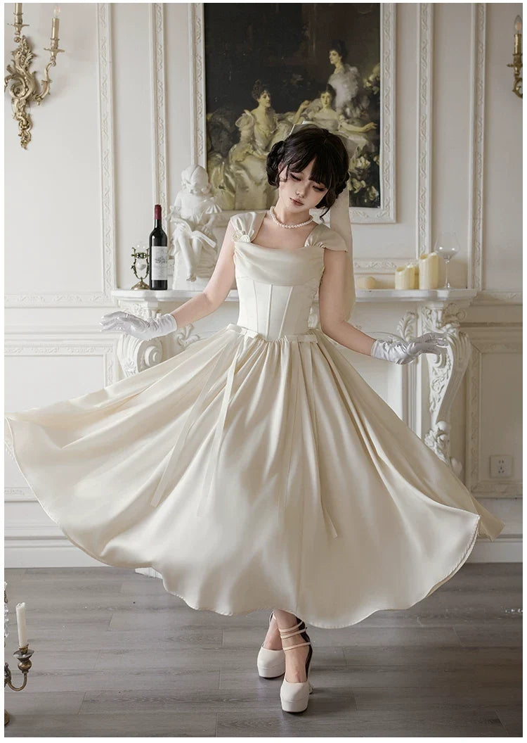 With PUJI - For Beloved - Classic Lolita Satin JSK Dress Set, Fishbone Waist