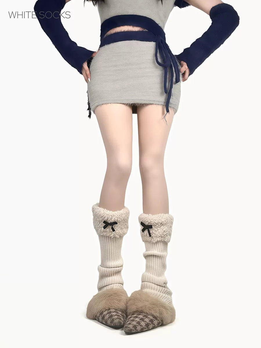 White Socks - Fleece Bow - Stirrup Knit Leg Warmers with Fleece Cuffs