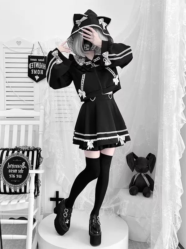 Creamy - Black Cat-Ear College - Black Jacket and Half-Skirt Two-Piece Set with Bow Trim