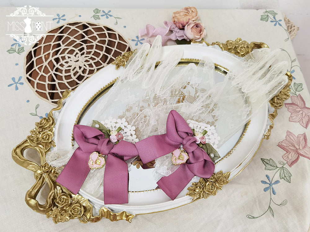 Lilyka Garden - Classic Lolita Headdress and Necklace Brooch Bow Trailing Lace Gloves - Plum Color