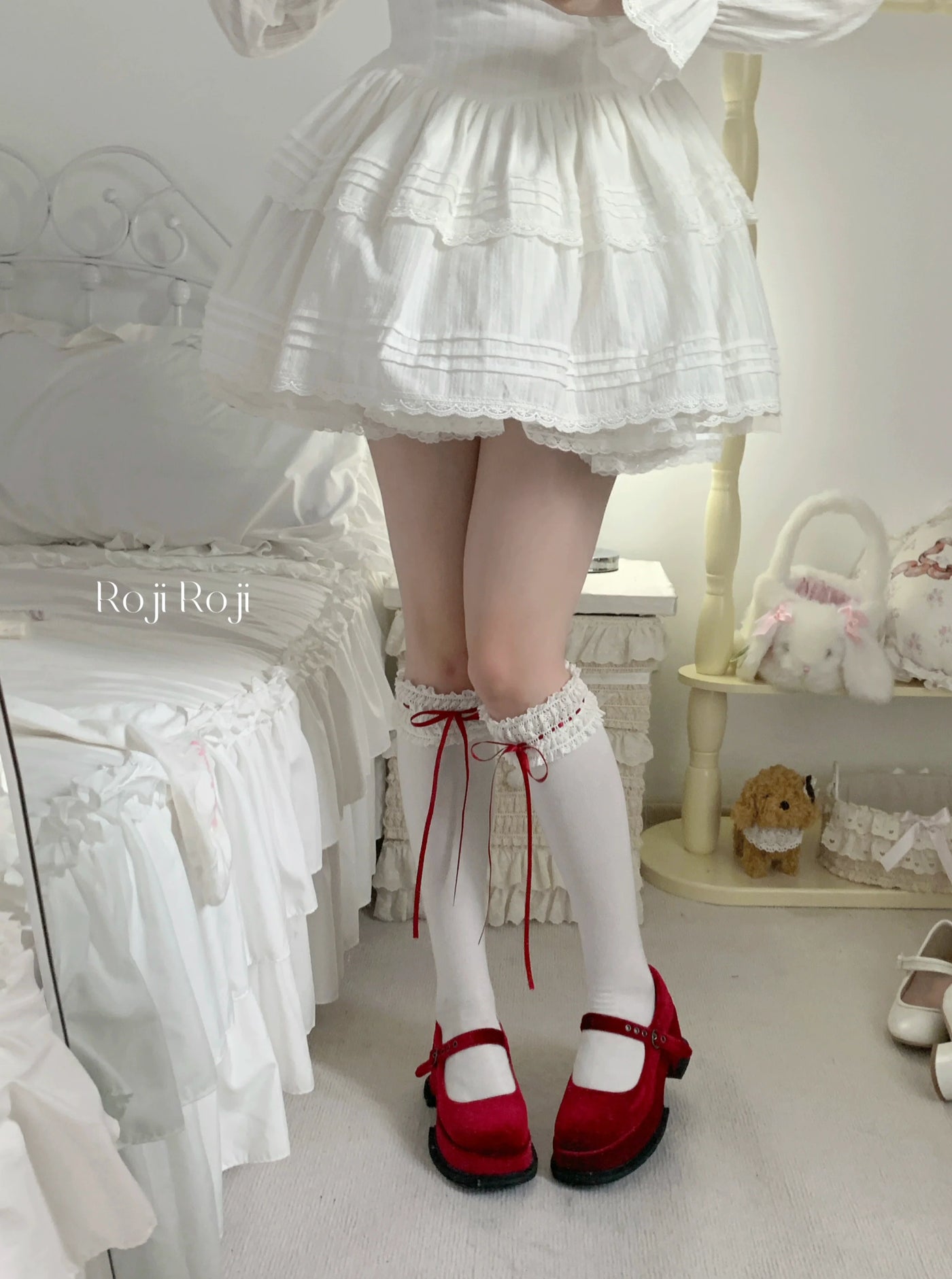 Gentle Town - Sweet Lolita Cotton Calf Socks, Ankle Socks Red calf socks One Size