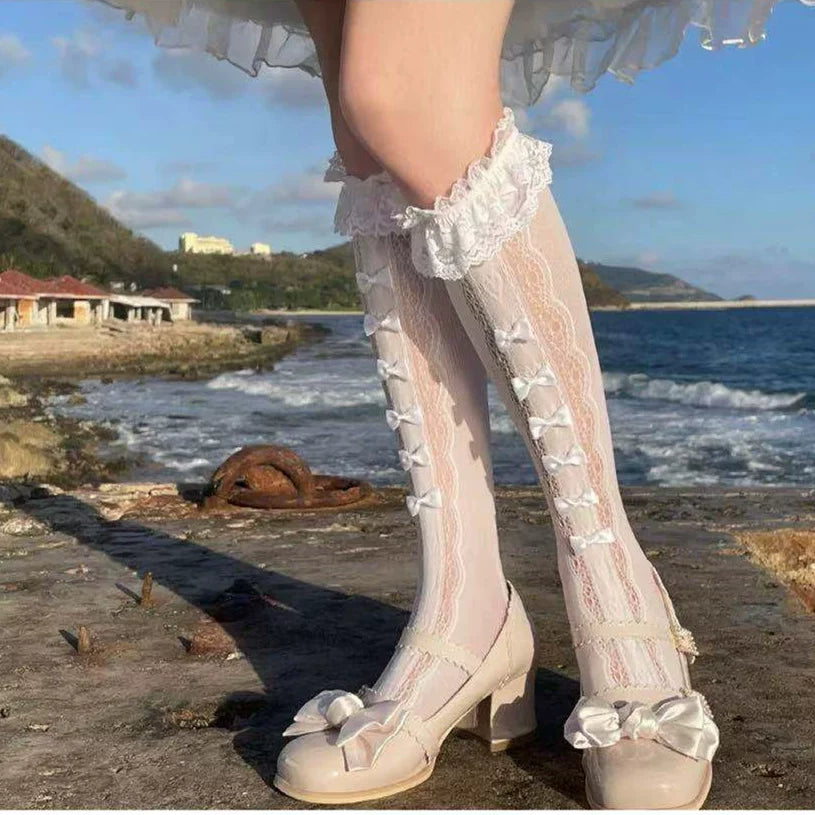 Fantasy Doll - Ribbon Lace - Mid-Calf Socks with Gathered Lace Cuffs